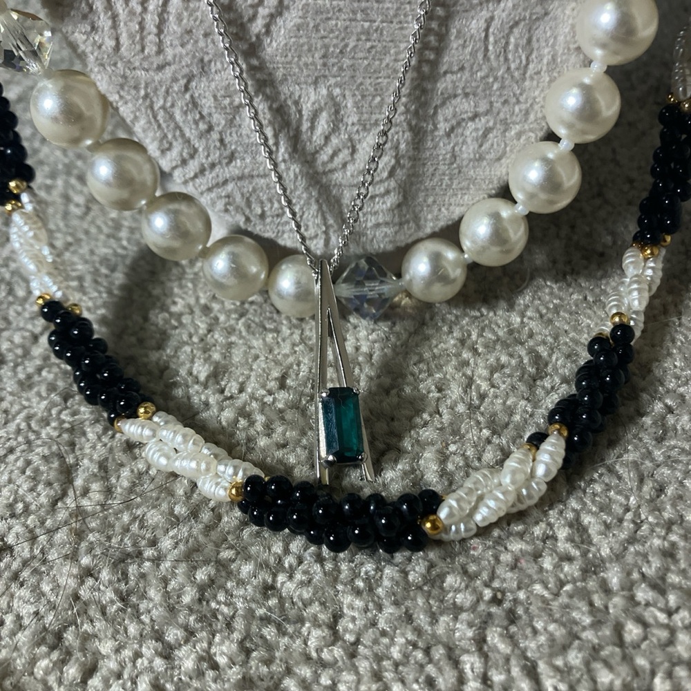 3 Piece Black, White, and Silver Toned Necklace Set